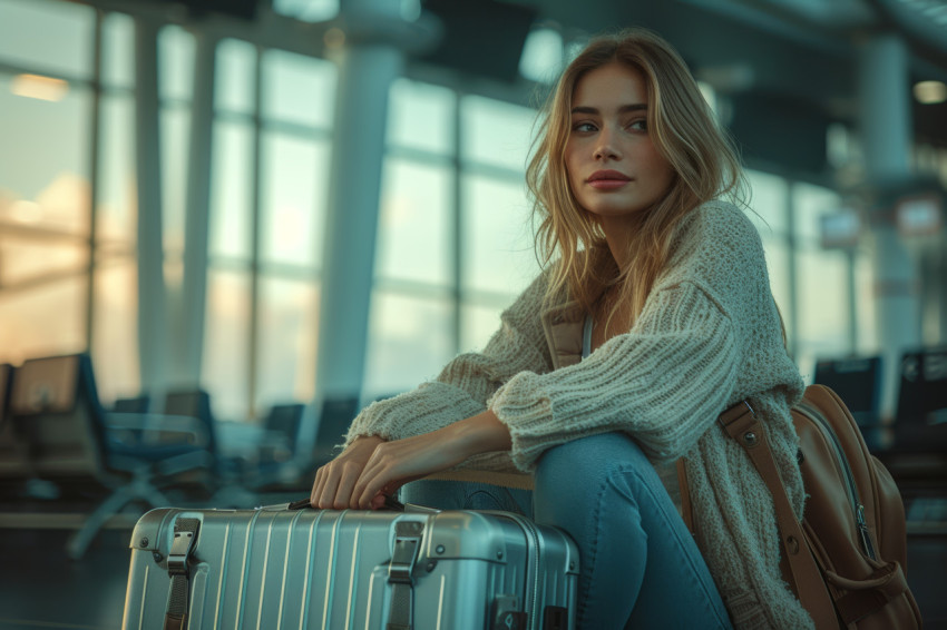 Woman sitting on airport floor with luggage beside her Woman sitting on airport floor with luggage beside her