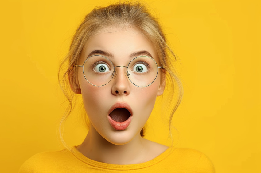 Girl in glasses displays surprised expression Girl in glasses displays surprised expression