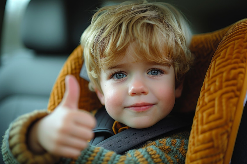 Young boy in car seat happily gives a thumbs up showing his excitement and positivity during the ride Young boy in car seat happily gives a thumbs up showing his excitement and positivity during the ride