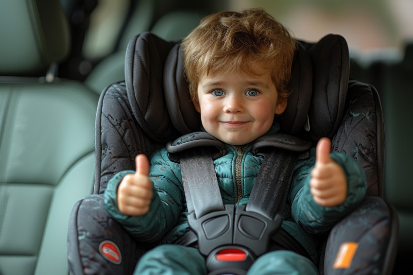 Little boy in car seat gives a cheerful thumbs up expressing joy and approval during a ride Little boy in car seat gives a cheerful thumbs up expressing joy and approval during a ride