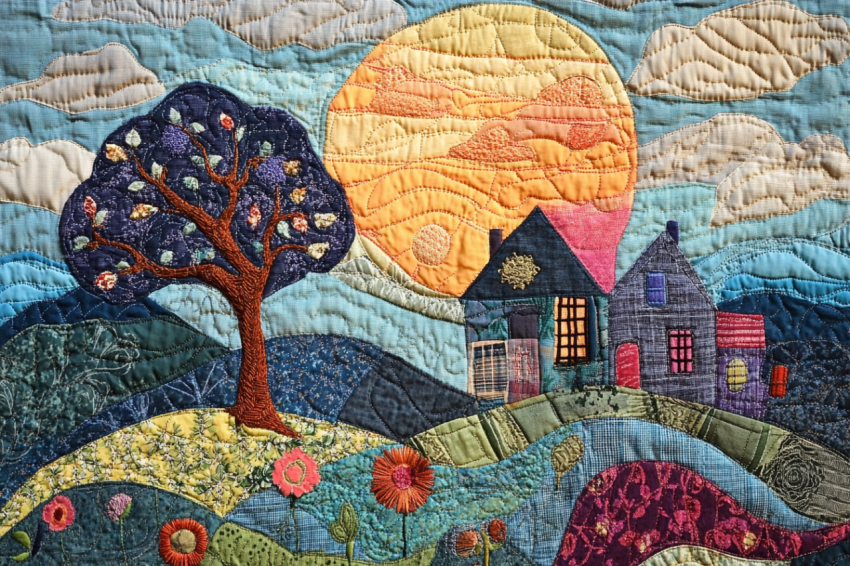 Fabric art of a house tree and sun in the style of made of lace Fabric art of a house tree and sun in the style of made of lace