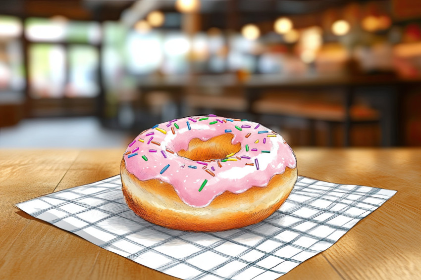 Cartoonish donut with pink frosting and colorful sprinkles Cartoonish donut with pink frosting and colorful sprinkles