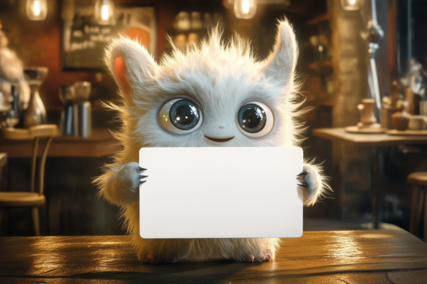 Baby monster with soft fur and sparkling eyes holds a blank sign in cozy coffee shop Pixar Baby monster with soft fur and sparkling eyes holds a blank sign in cozy coffee shop Pixar