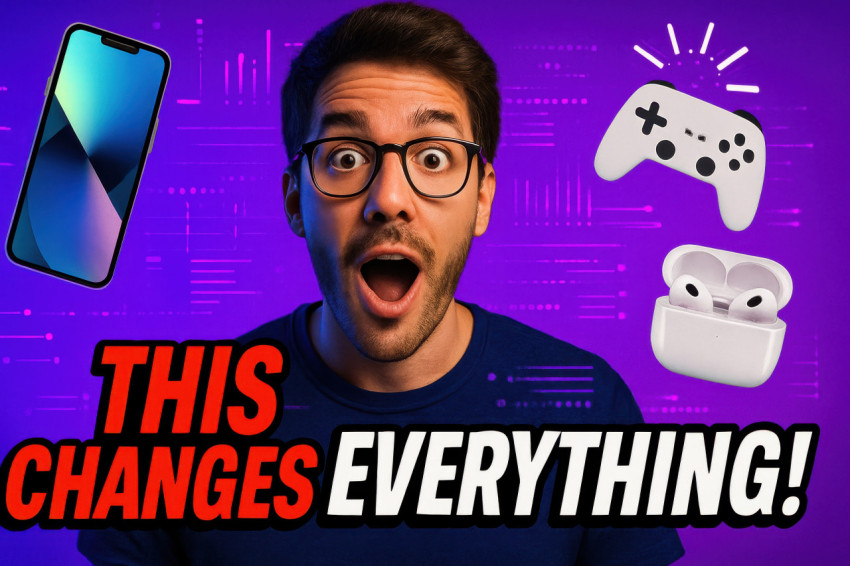 Excited tech influencer reacts to gadgets and smartphones flying around neon purple background Excited tech influencer reacts to gadgets and smartphones flying around neon purple background