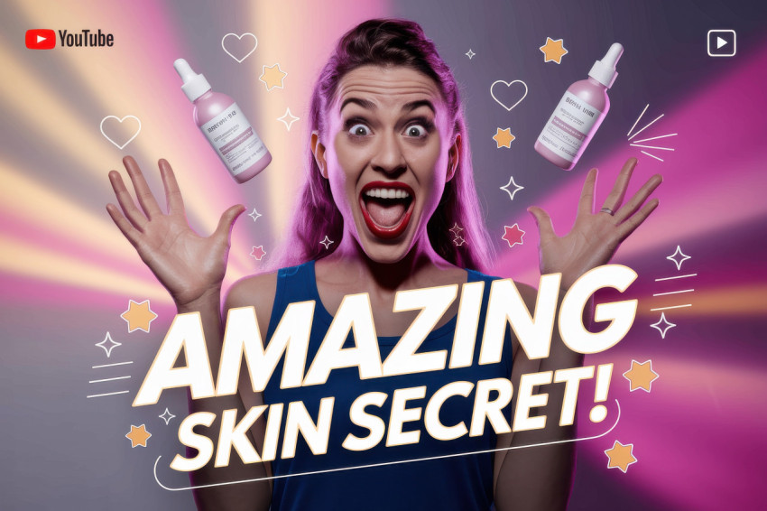 Happy beauty expert reacts to skincare bottles and sparkles floating on soft pink purple gradient Happy beauty expert reacts to skincare bottles and sparkles floating on soft pink purple gradient