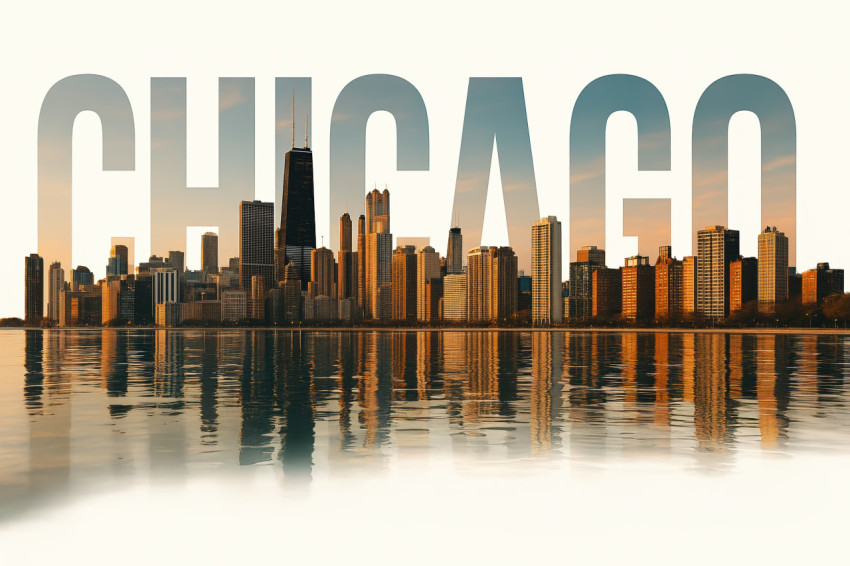 Chicago skyline with Lake Michigan reflections inside bold CHICAGO text