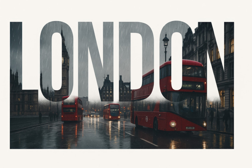 London city in rain with red double-decker buses blended inside bold LONDON text