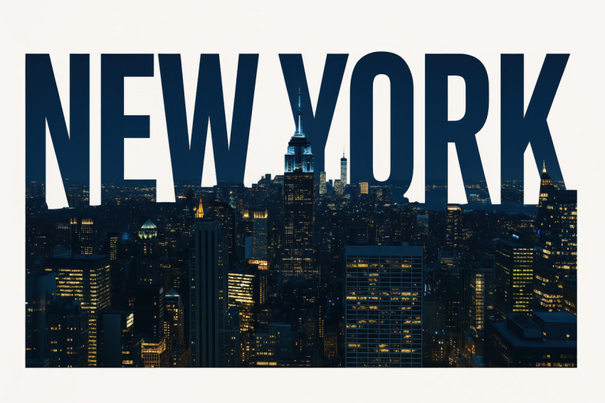 Double exposure of glowing New York skyscrapers at night inside bold NEW YORK text on white background