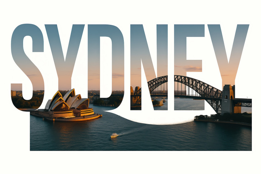Sydney Harbour with Opera House and Bridge in sunset tones inside bold SYDNEY text on clean white background