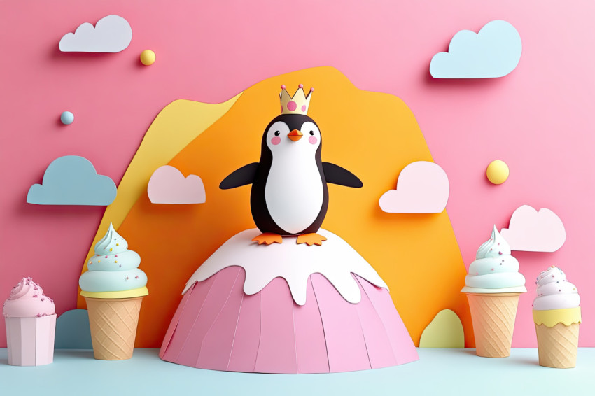 Dancing penguin with crown on ice cream glacier in colorful paper cutout scene