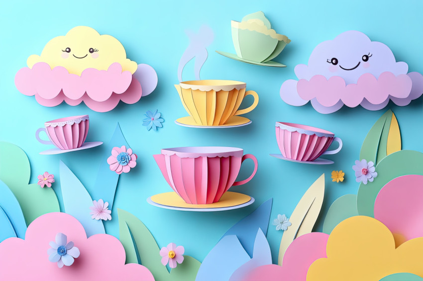 Flying teacups and smiling clouds float in paper cutout tea party scene