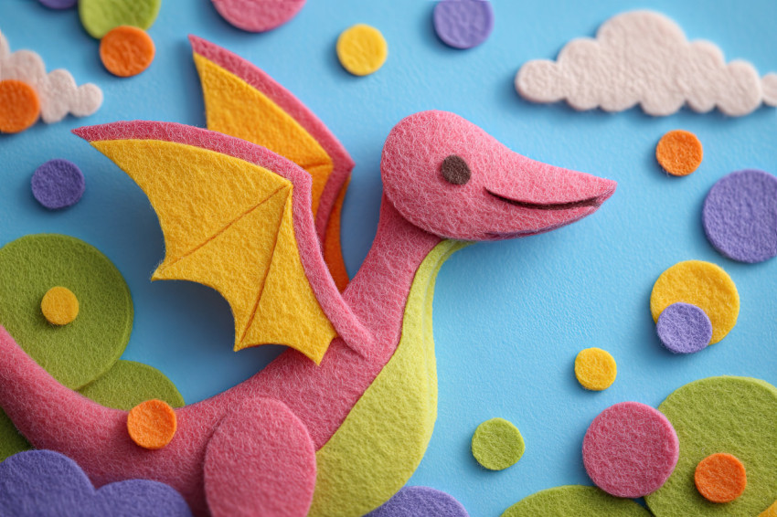 Smiling baby pterodactyl flaps wings with joy in soft felt sky full of clouds. Prehistoric felt art