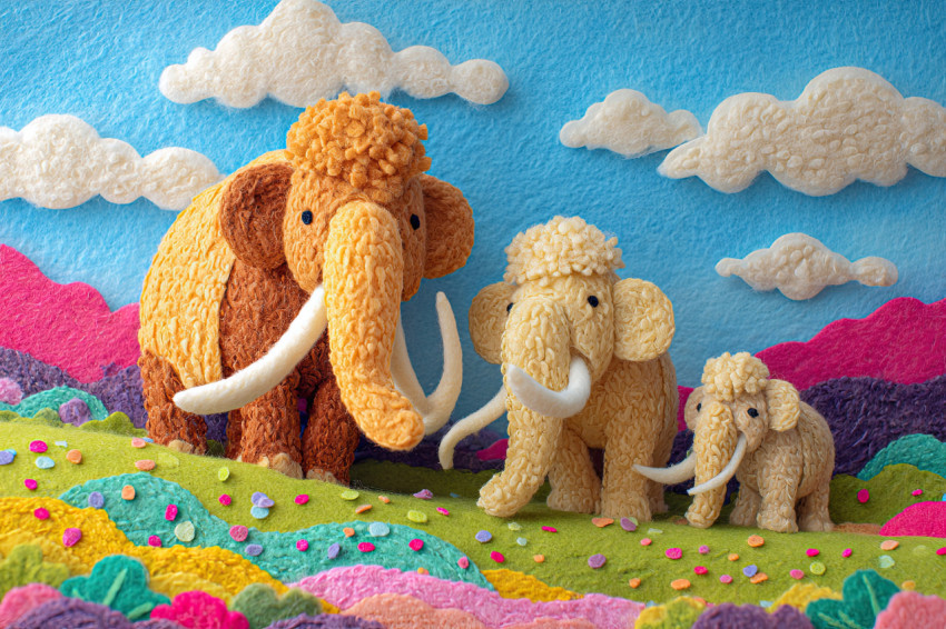 Smiling mammoth family strolls through green meadow with confetti and clouds. Prehistoric felt art
