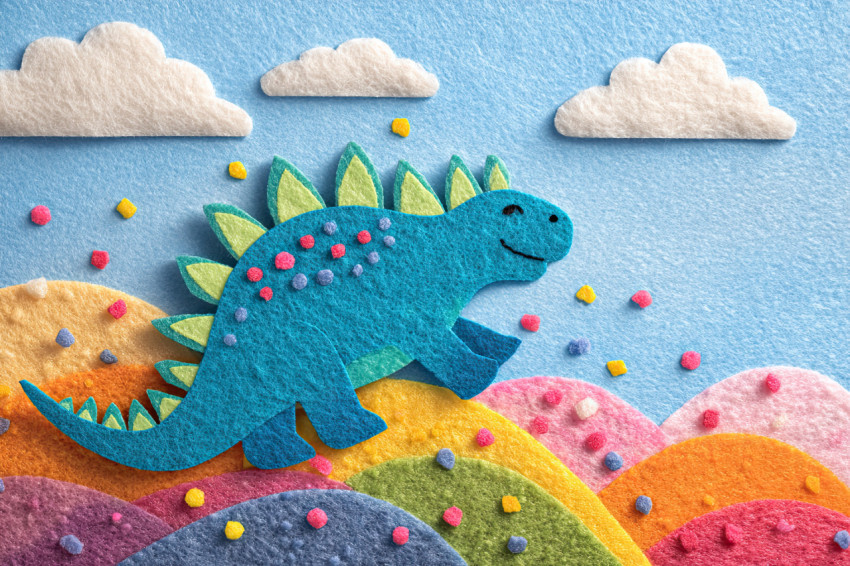 Happy stegosaurus slides down grassy hill with confetti flying