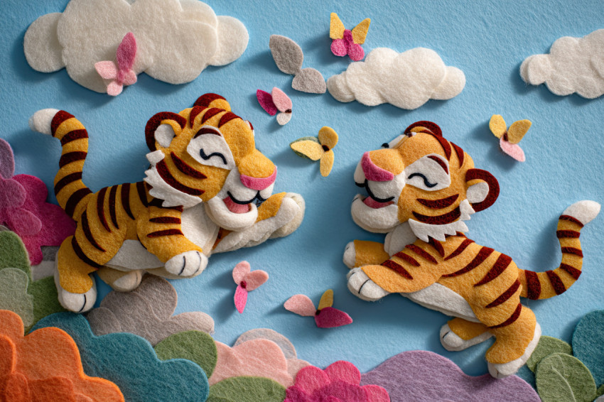 Laughing tiger cubs chase butterflies through sky and grass with confetti. Prehistoric felt art