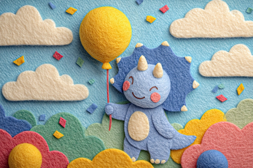 Cute triceratops holds a balloon in colorful sky