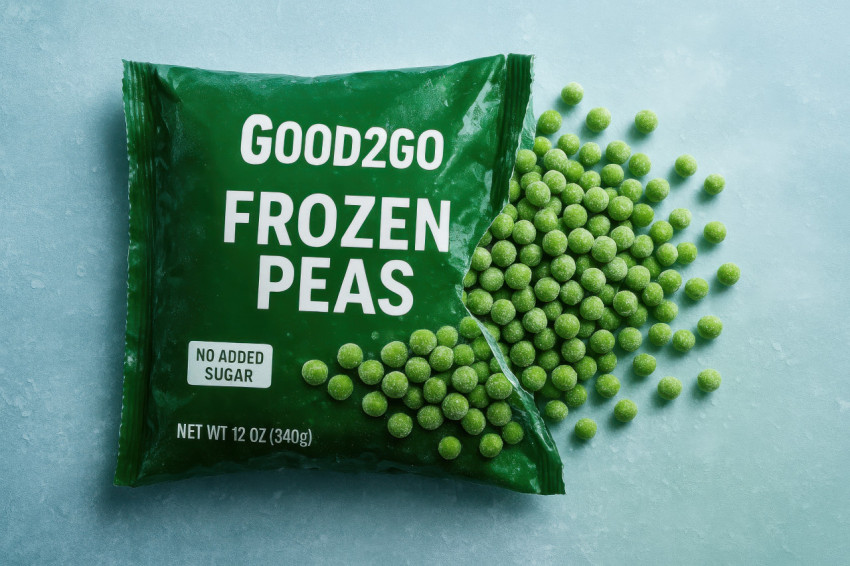 Frozen peas spilling from torn pack on icy surface with frost and mist Frozen peas spilling from torn pack on icy surface with frost and mist