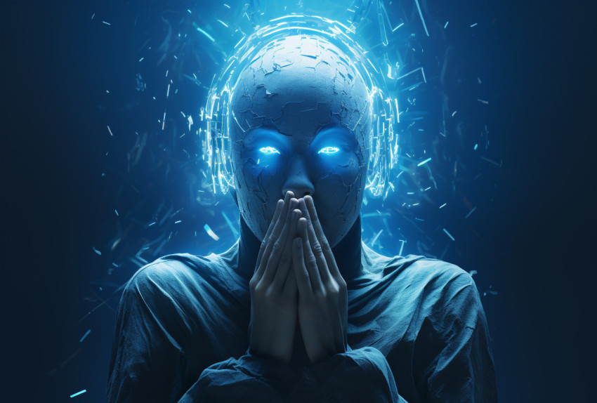 A blue-headed and blue-handed person on a blue background