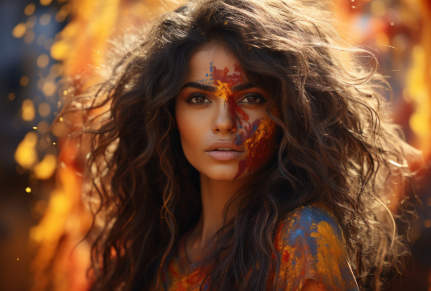 Vibrant holi woman with painted face embracing festive greetings Vibrant holi woman with painted face embracing festive greetings