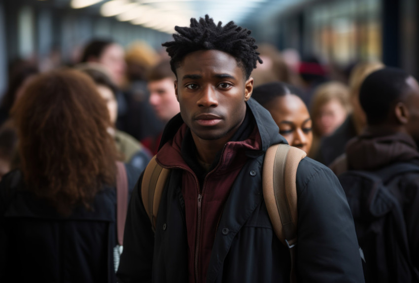 In a busy train station a black man gazes at a diverse crowd passing by In a busy train station a black man gazes at a diverse crowd passing by