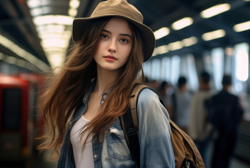 Attractive young woman with backpack at train station Attractive young woman with backpack at train station