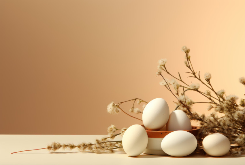 Eggs and plant on honey colored backdrop creating a harmonious natural scene Eggs and plant on honey colored backdrop creating a harmonious natural scene