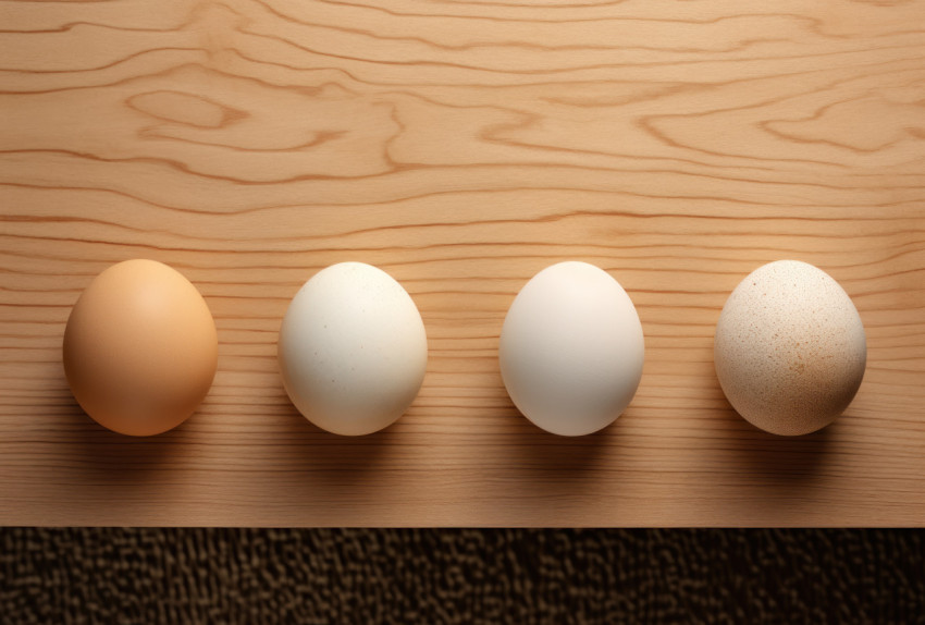 Four eggs arranged neatly on a wooden board Four eggs arranged neatly on a wooden board