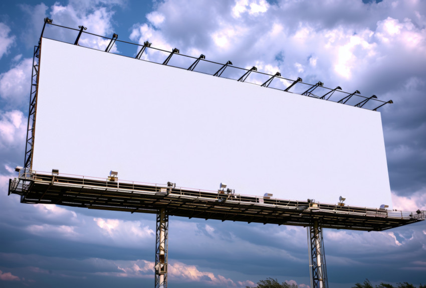 Blank poster stands tall against the vivid blue sky offering a perfect canvas for your message or advertisement Blank poster stands tall against the vivid blue sky offering a perfect canvas for your message or advertisement