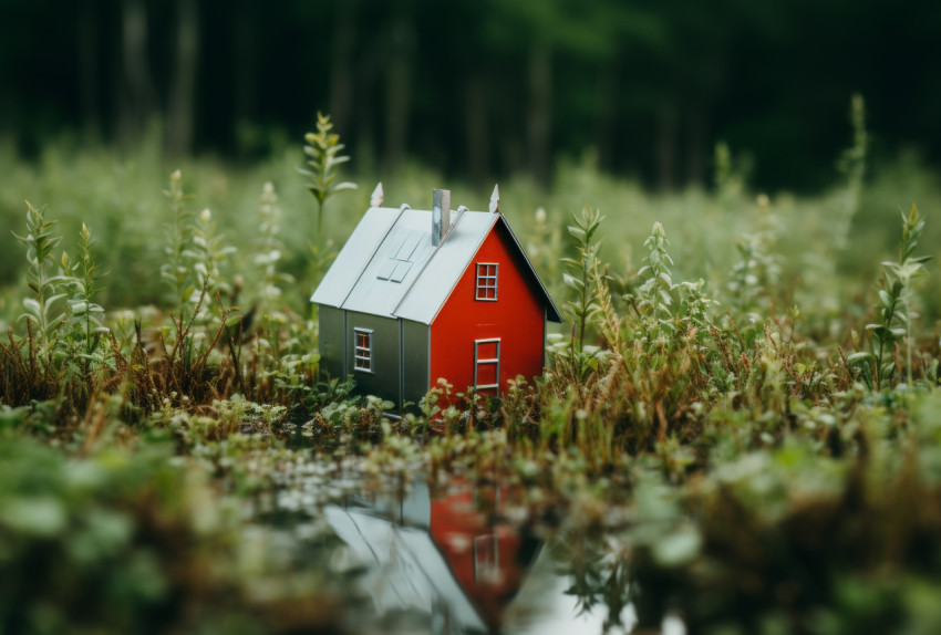 A small red house rests calmly in the lush green grass A small red house rests calmly in the lush green grass