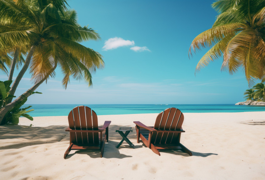 A white sandy tropical beach near palms and palm trees has lounge chairs, Beaches stock images for travel websites A white sandy tropical beach near palms and palm trees has lounge chairs, Beaches stock images for travel websites