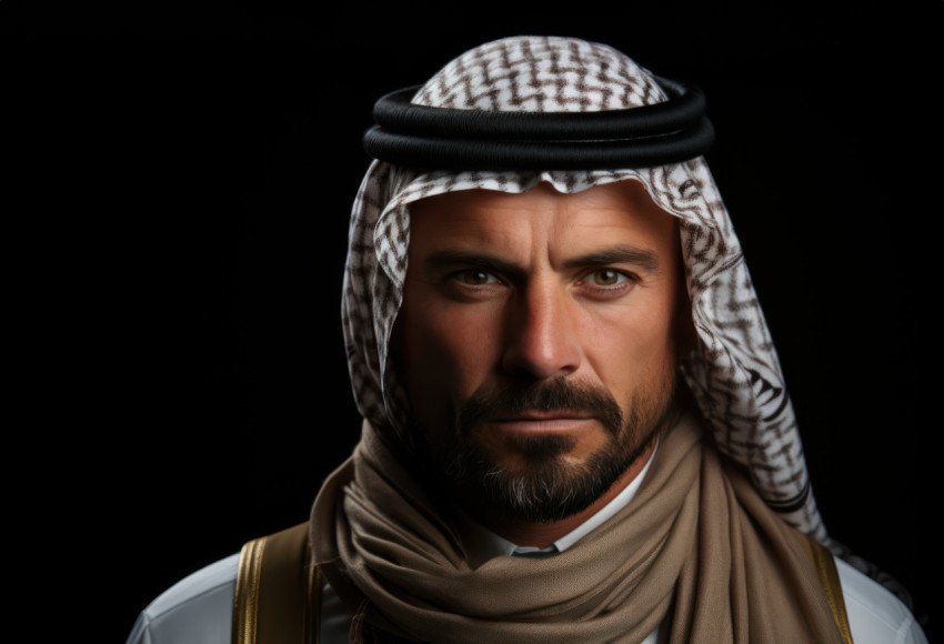 Arab businessman exuding confidence in a scarf and tie against a sleek black setting Arab businessman exuding confidence in a scarf and tie against a sleek black setting