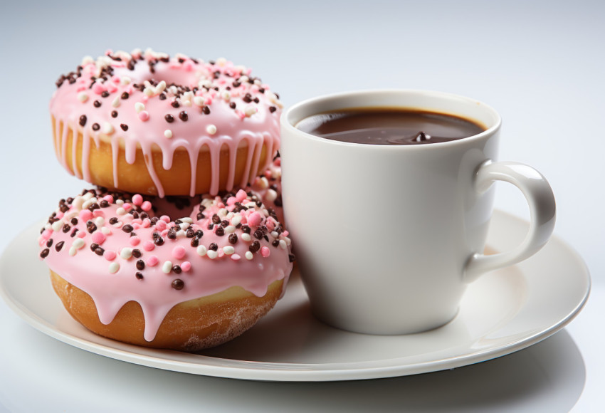 A image of a coffee cup and a donut against a white backdrop A image of a coffee cup and a donut against a white backdrop