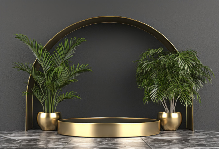 A stylish gold tray showcasing a tempting cake or dessert complemented by vibrant green palms on the ground A stylish gold tray showcasing a tempting cake or dessert complemented by vibrant green palms on the ground