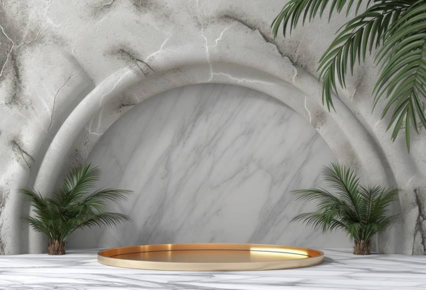 Elegant gold tray holds a delicious cake or dessert surrounded by lush green palms on the ground Elegant gold tray holds a delicious cake or dessert surrounded by lush green palms on the ground