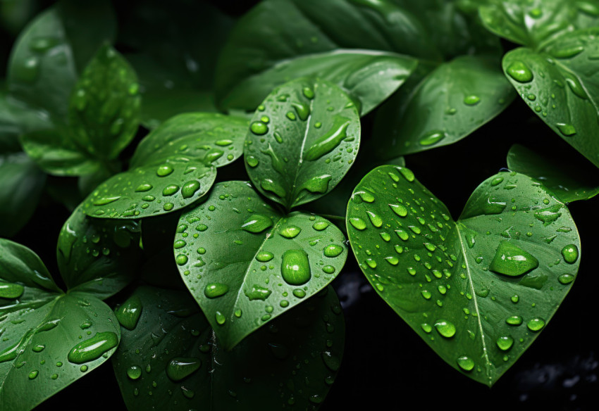 Water droplets spread among lush green leaves Water droplets spread among lush green leaves