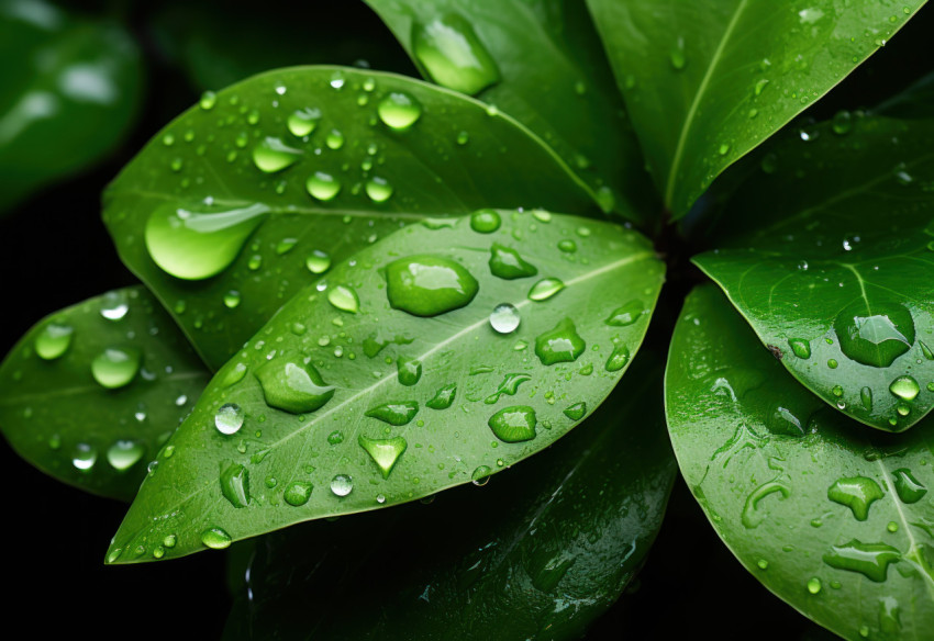 Lush green leaves adorned with scattered water droplets Lush green leaves adorned with scattered water droplets
