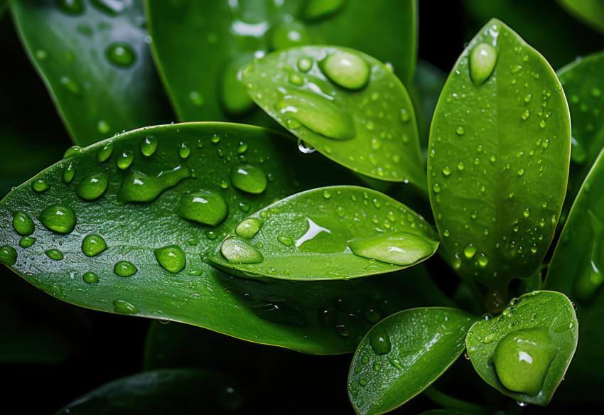 Sparkling water droplets spread on vibrant green leaves Sparkling water droplets spread on vibrant green leaves