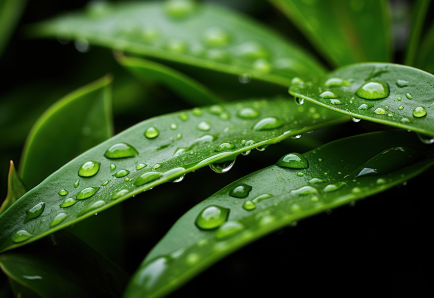 Water droplets glisten on a vibrant green leaf creating a refreshing and natural backdrop Water droplets glisten on a vibrant green leaf creating a refreshing and natural backdrop