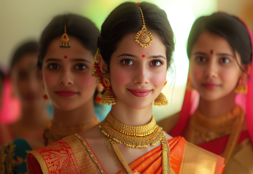 Vibrant family adorned in saris and bangles stands together celebrating cultural richness and traditions with joy and unity Vibrant family adorned in saris and bangles stands together celebrating cultural richness and traditions with joy and unity
