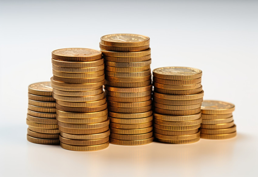 A mound of euro coins arranged on a plain white surface A mound of euro coins arranged on a plain white surface