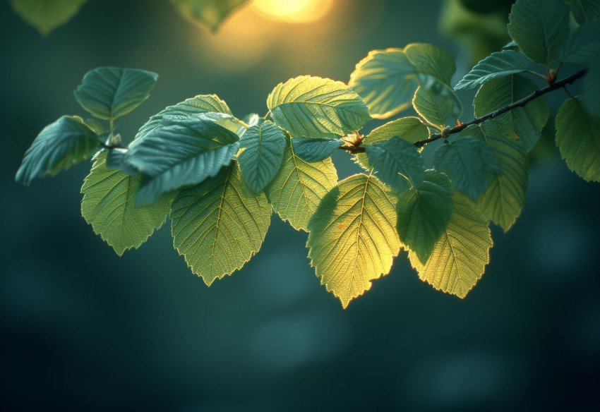 The sun rays peek through the lush leaves The sun rays peek through the lush leaves