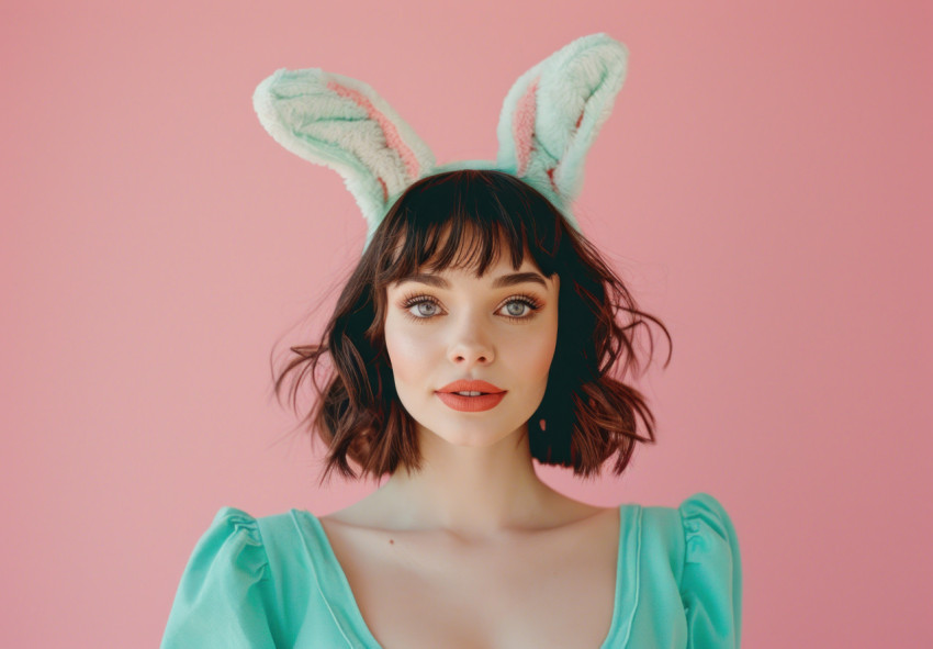 A woman in bunny ears against a pink background A woman in bunny ears against a pink background