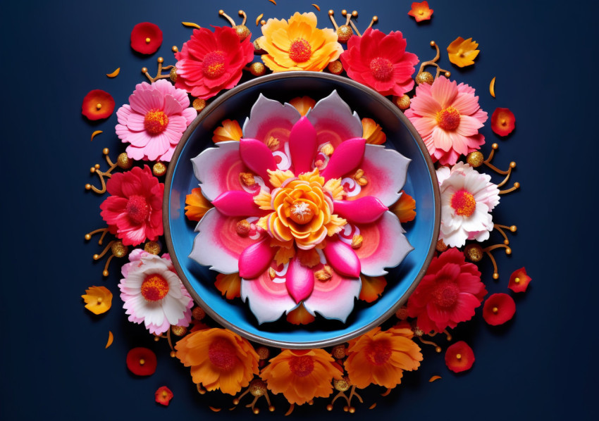 Rangoli decoration of an orange flower in a bowl Rangoli decoration of an orange flower in a bowl, diwali festival stock image, diwali festival ai prompt