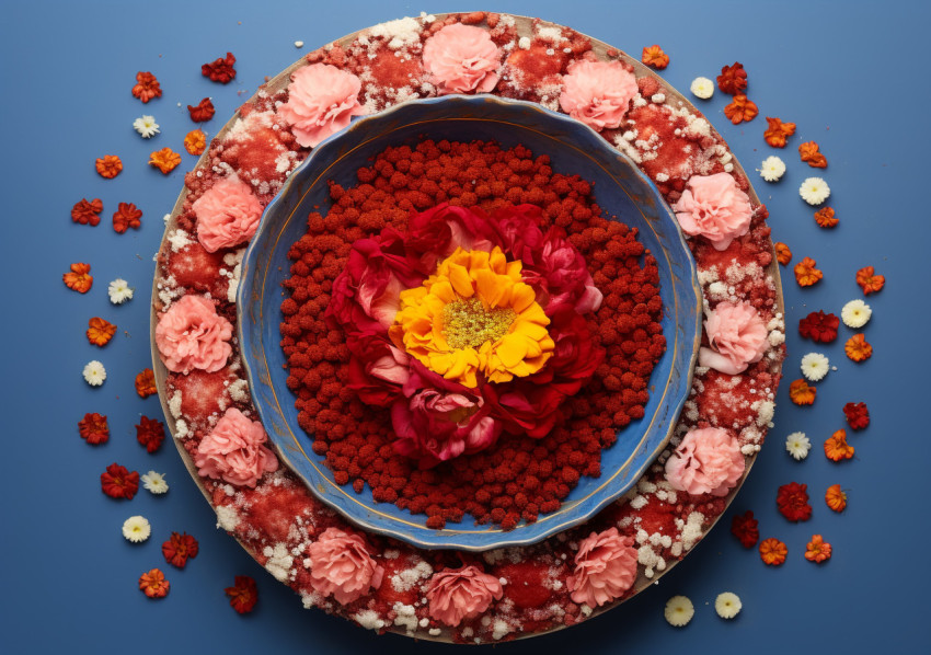 Rangoli decoration with orange flower in bowl Rangoli decoration with orange flower in bowl, diwali festival stock image, diwali festival ai prompt