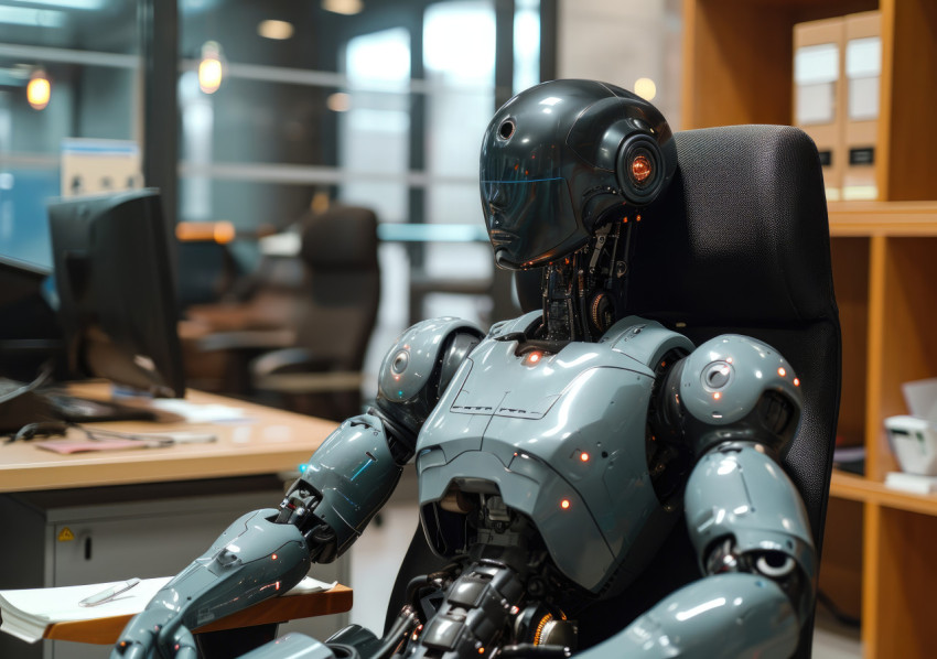A robot is seated on office chair A robot is seated on office chair