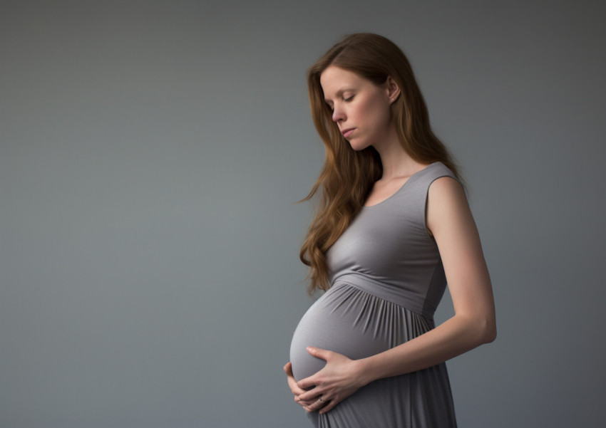 Happy pregnant woman holds her belly on gray background Happy pregnant woman holds her belly on gray background, pregnant women pictures, maternity photos