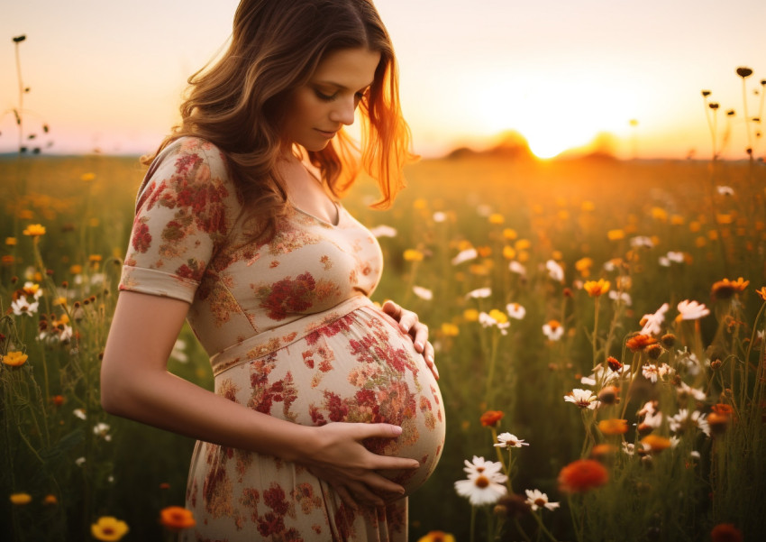 A pregnant woman standing in a field of flowers A pregnant woman standing in a field of flowers, pregnant women pictures, maternity photos