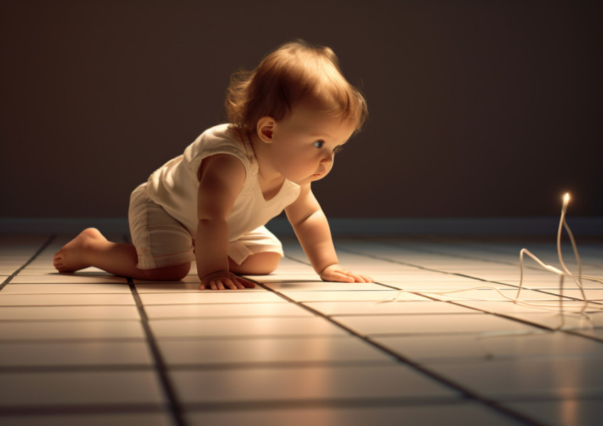 a baby girl crawling on a tiled floor a baby girl crawling on a tiled floor