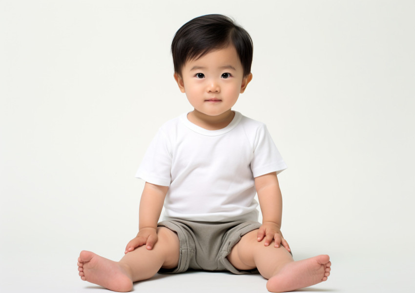 baby toddler sitting in a white shirt on white background baby toddler sitting in a white shirt on white background