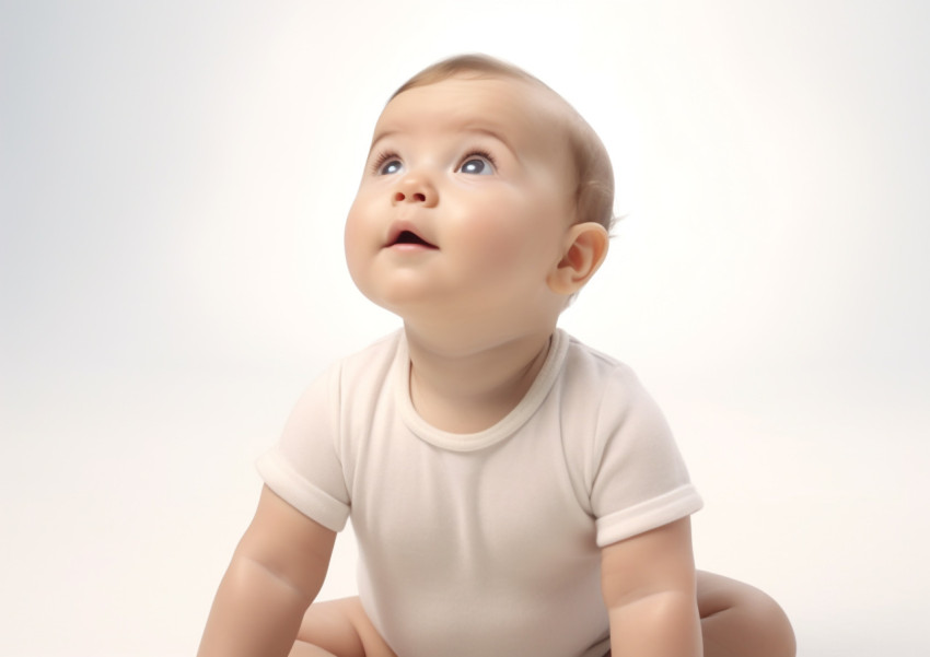 Cute Toddler in White Shirt Sitting on White Background Cute Toddler in White Shirt Sitting on White Background